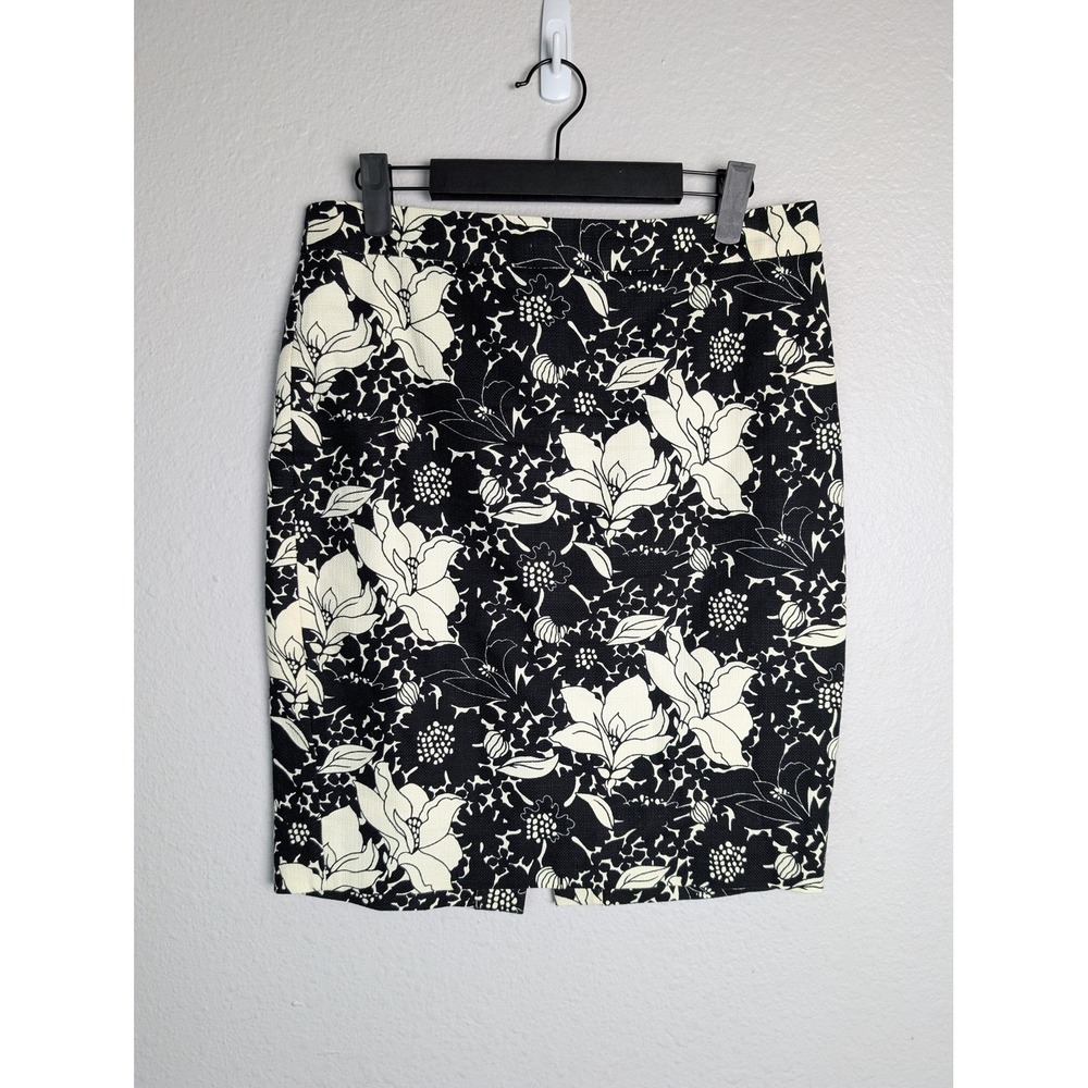 J.CREW Skirt Womens 2 Black Floral Straight Pencil Knee Lined Slit Cotton Twill